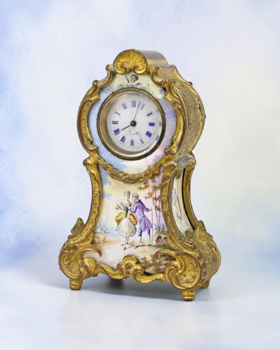 Orologio Da Tavolo in Bronzo Dorato con Smalti - Vienna XIX Secolo-photo-3